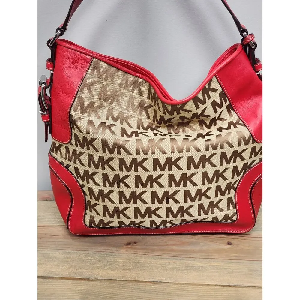 Preowned Michael Kors Brookville Burgundy And Beige Large Shoulder Bag Purse